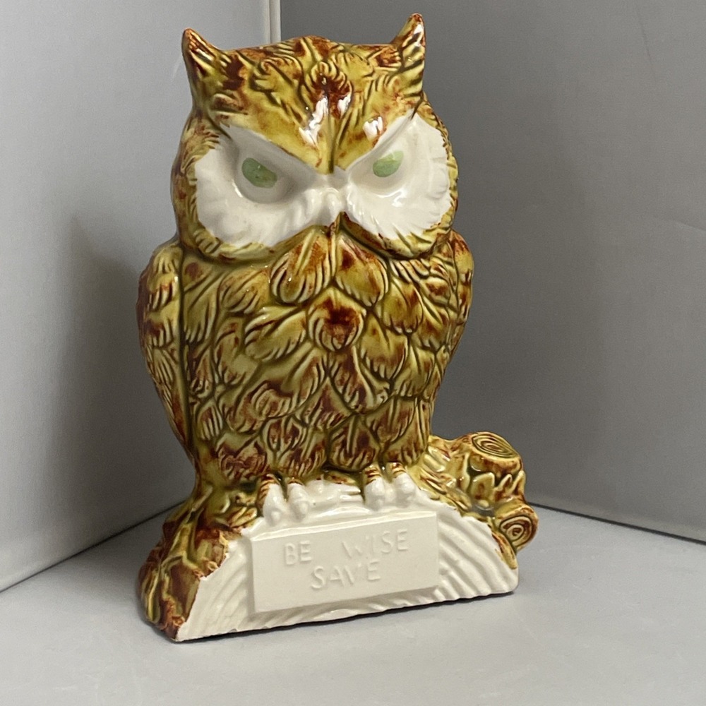 Vintage 1960's Ceramic Owl Coin Bank "Be Wise Save" Hand Painted CHIP Retro